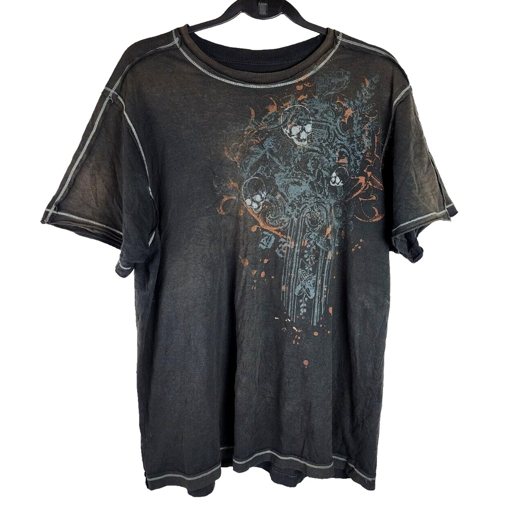 VTG Division E Distress T-Shirt Men’s Black Short Sleeve Neck Cross Skulls Y2K L